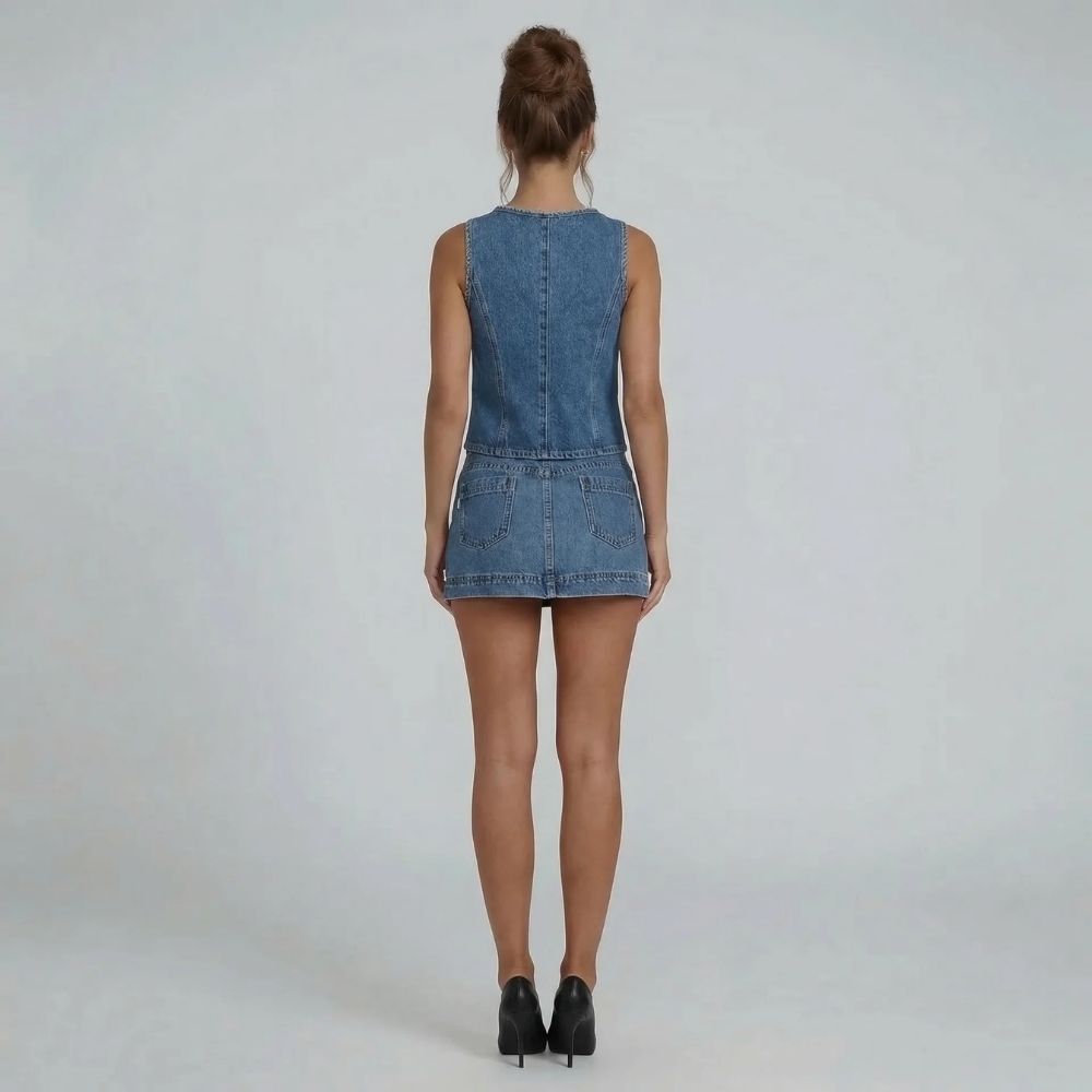 Navy denim tie-front mini skirt set — side-view showing fitted silhouette and casual vibe.