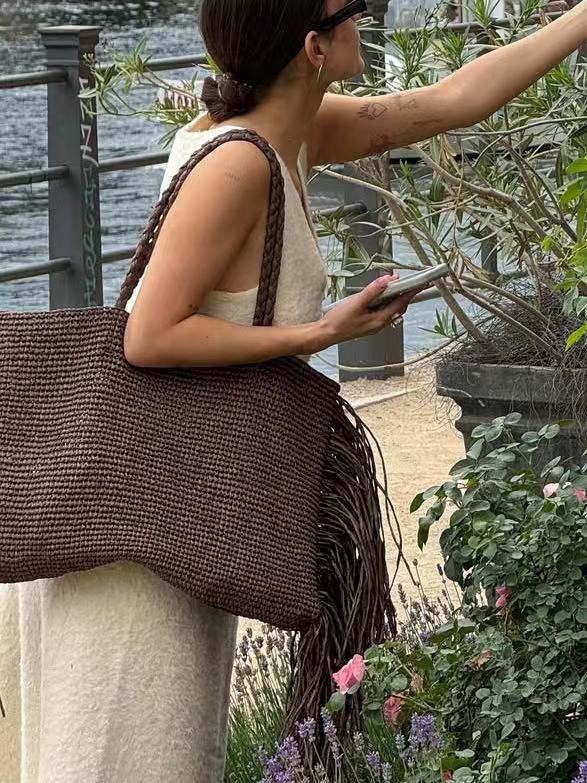 Claire Woven Fringe Tote in Brown