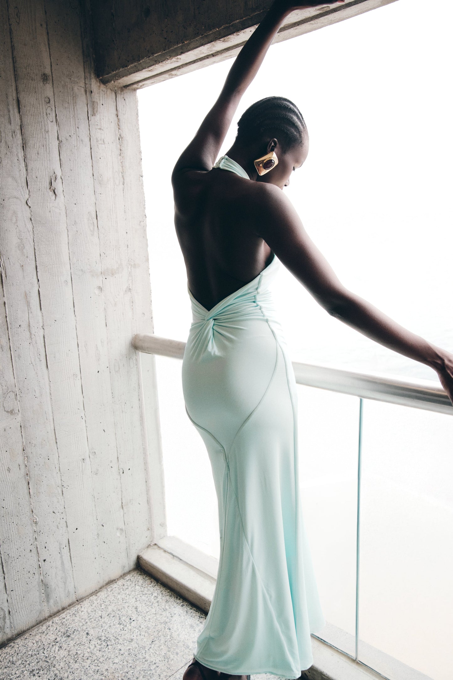 Women light blue halter maxi dress, back view