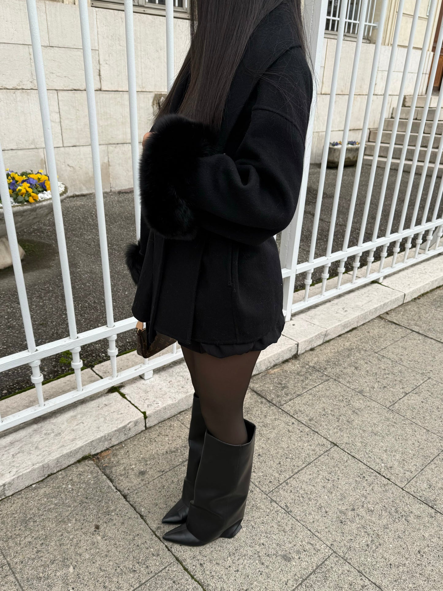 Women black wrap solid coat, side view