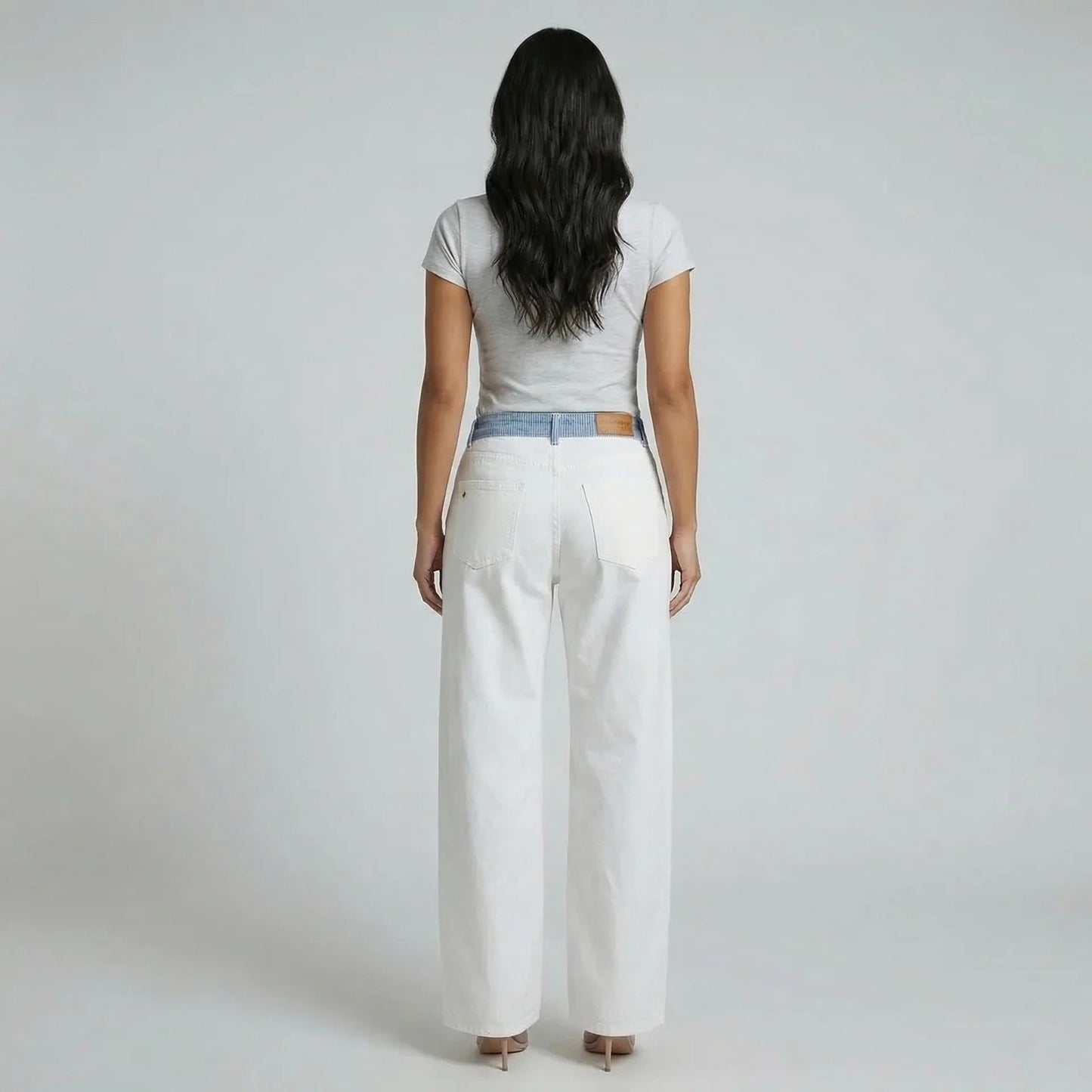 White wide-leg jeans with striped waistband — back view highlighting classic 5-pocket design