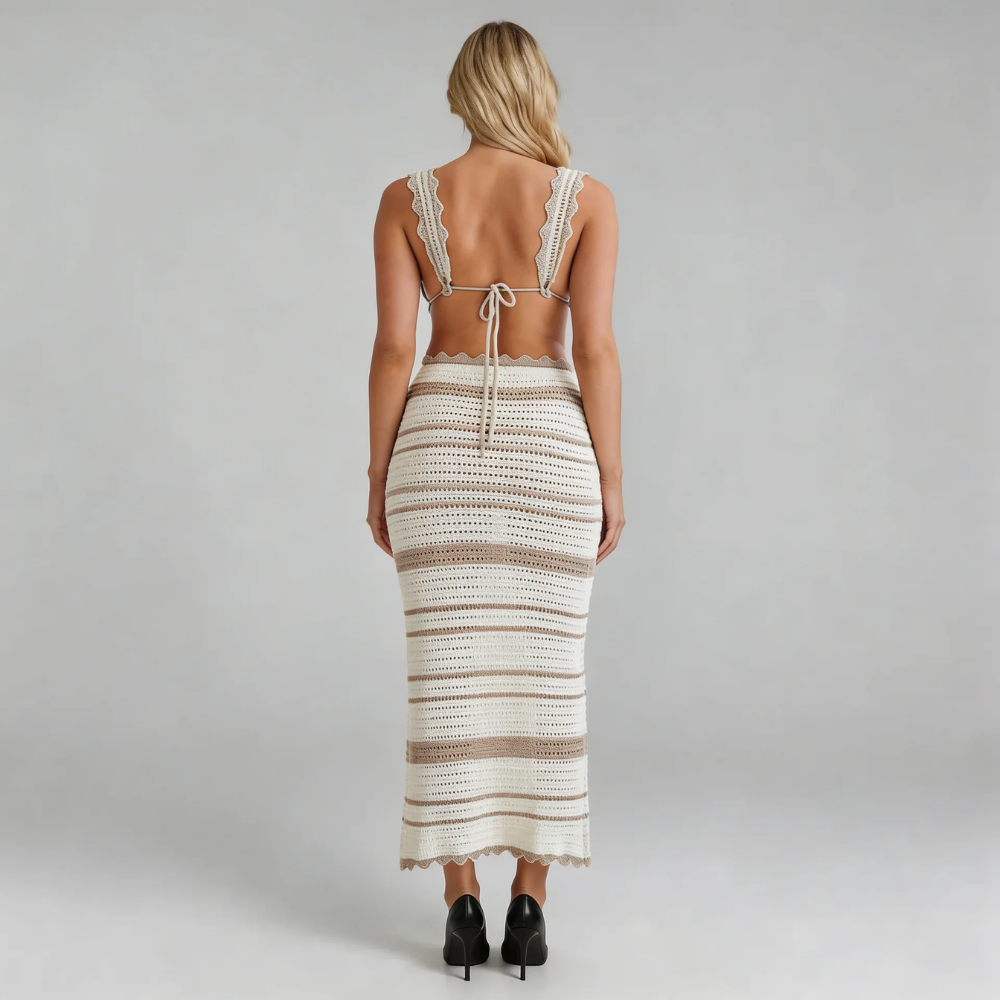 Beige striped crochet-knit midi set with scalloped hem — back view highlighting the adjustable tie-back design.