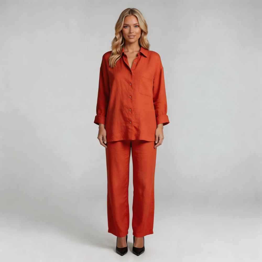 Red linen button-up shirt and wide-leg pants set — styled look emphasizing oversized drape