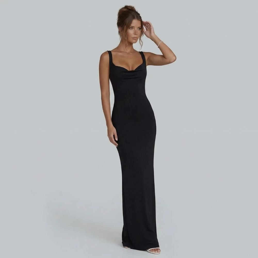 Black bow-back maxi dress with elegant draped neckline — styled look front view.