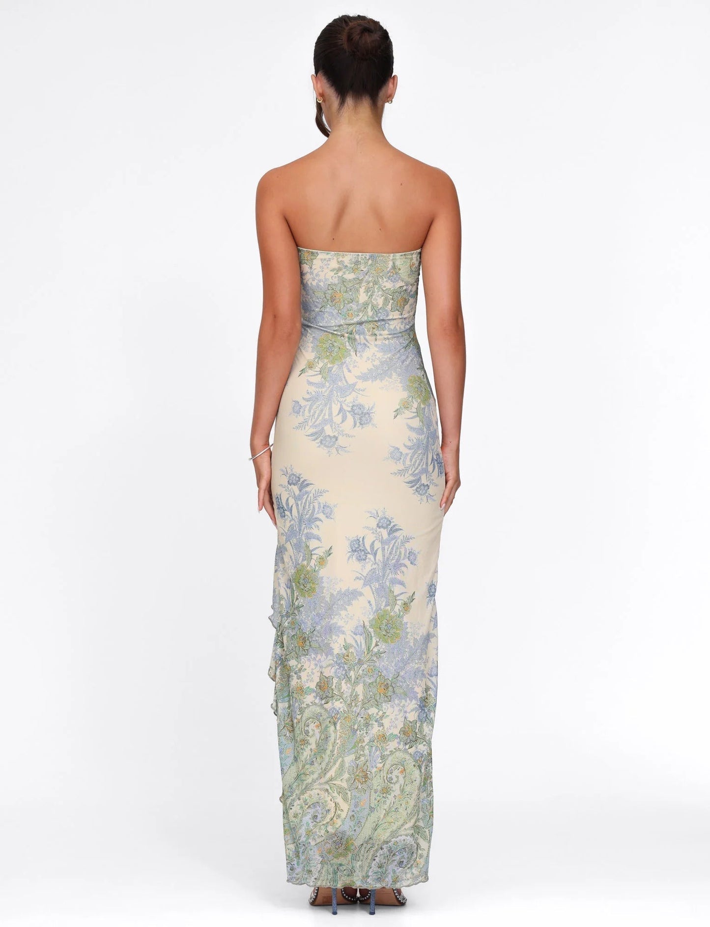 Women strapless floral maxi dress, detail close-up