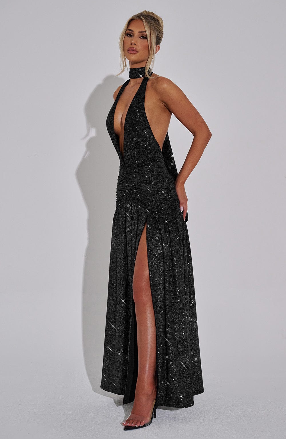 Women black halter maxi dress, front view