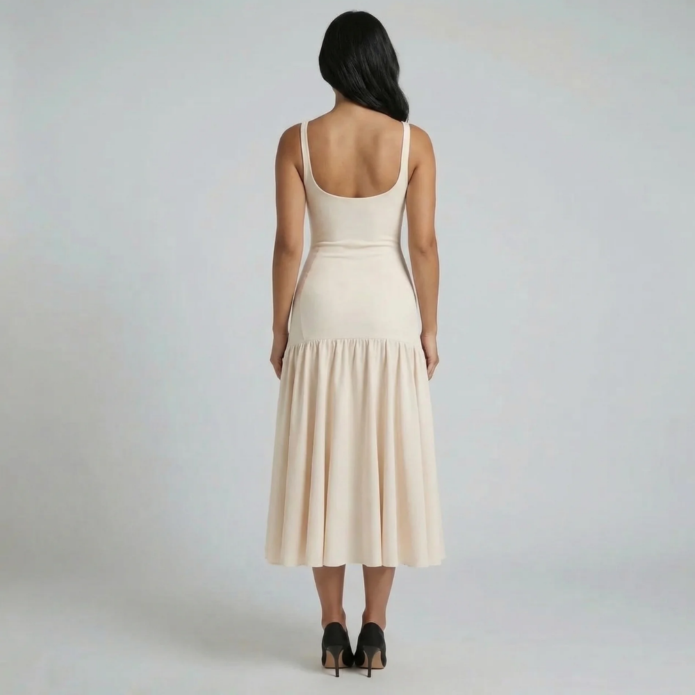 Beige flounce midi dress — back view highlighting drop-waist flounce hem and fitted cut.