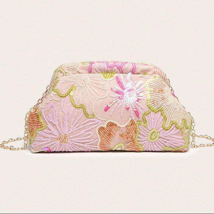 Wanda Embroidered Sequin Clutch in Pink