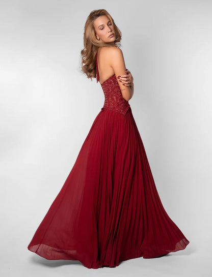 Women burgundy lace corset maxi dress with sweetheart halter neckline and pleated floor length skirt