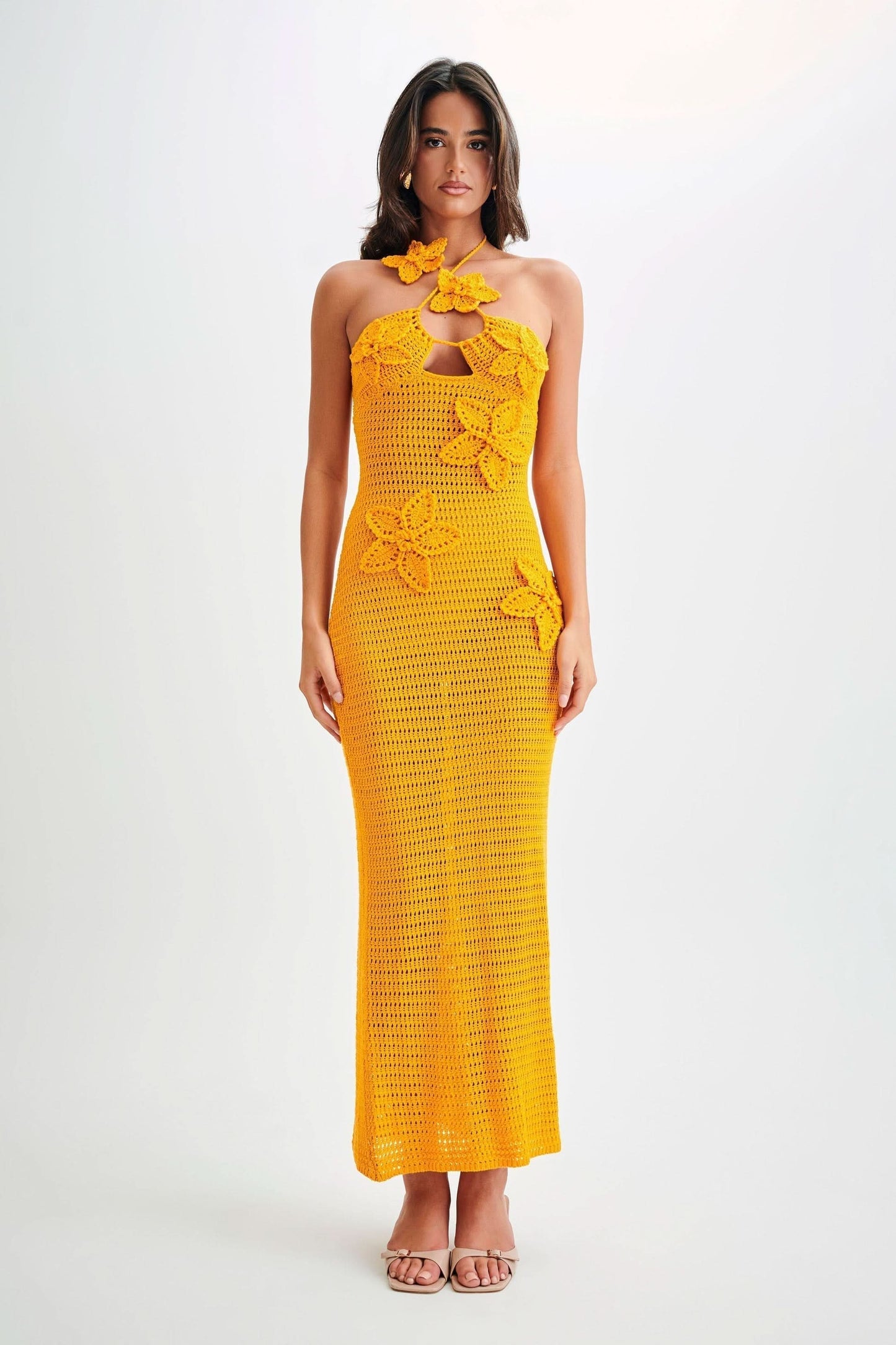 Women halter maxi dress, back view