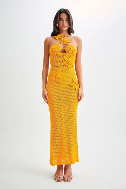 Women halter maxi dress, back view