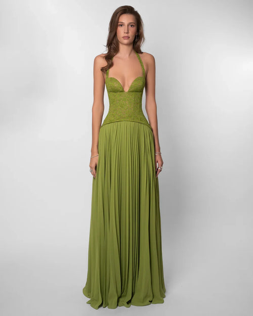 Women green lace corset maxi dress with sweetheart halter neckline and pleated floor length skirt