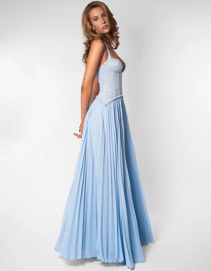 Women light blue lace corset maxi dress with sweetheart halter neckline and pleated floor length skirt