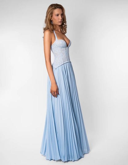 Women light blue lace corset maxi dress with sweetheart halter neckline and pleated floor length skirt