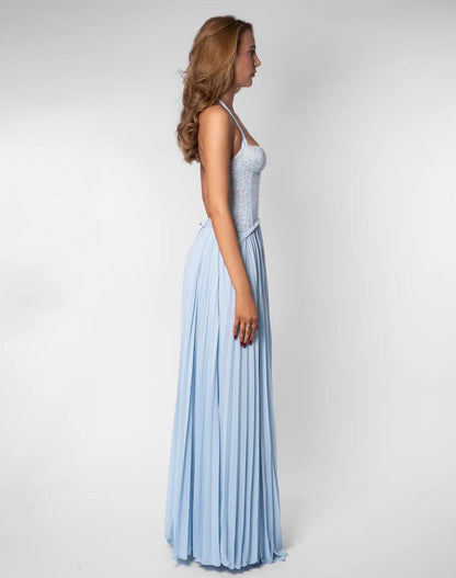 Women light blue lace corset maxi dress with sweetheart halter neckline and pleated floor length skirt