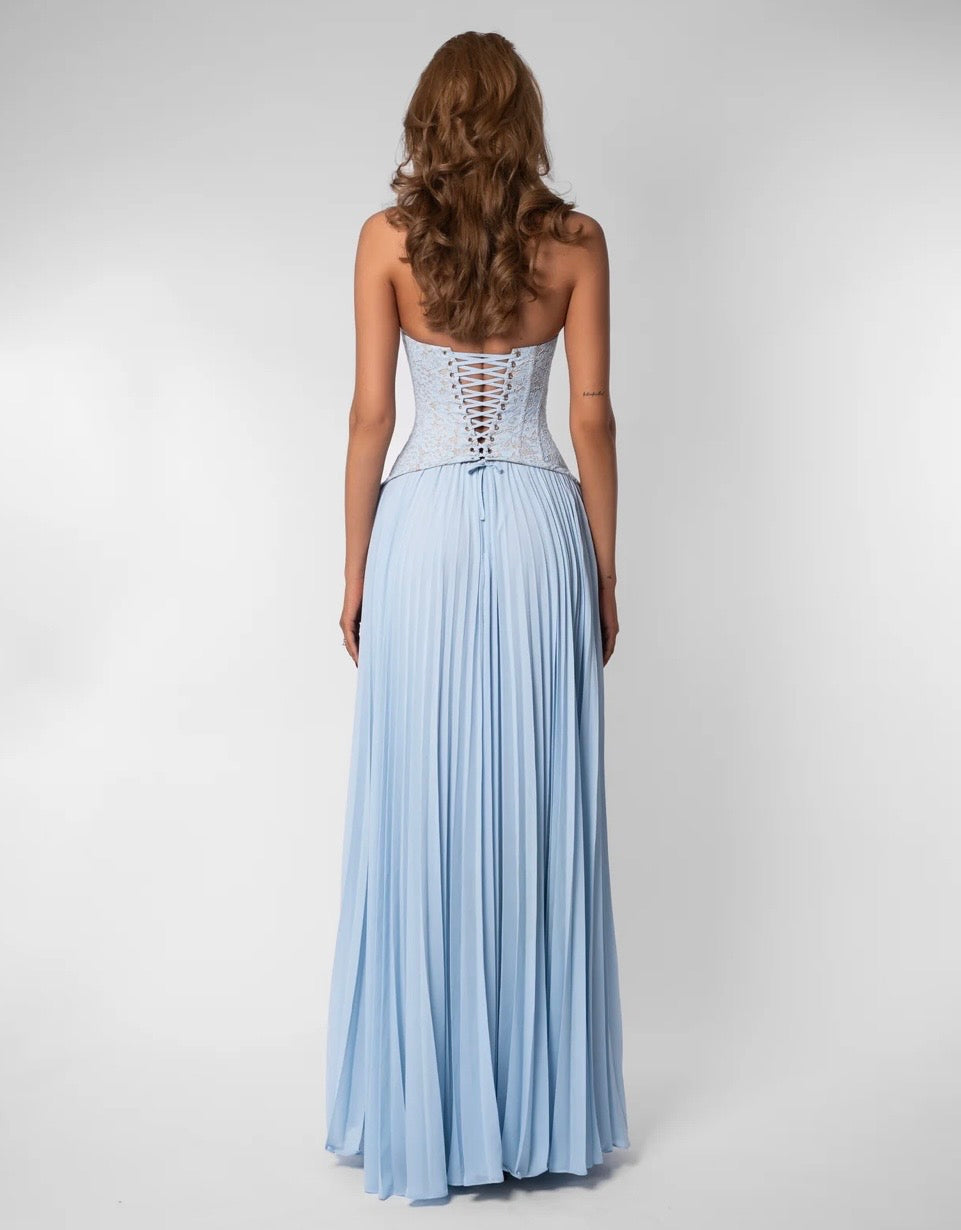 Women light blue lace corset maxi dress with sweetheart halter neckline and pleated floor length skirt