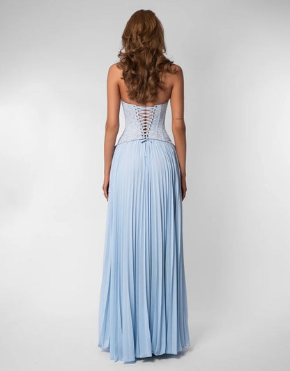 Women light blue lace corset maxi dress with sweetheart halter neckline and pleated floor length skirt