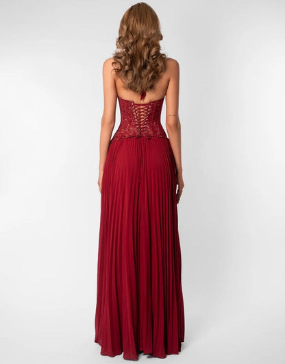 Women burgundy lace corset maxi dress with sweetheart halter neckline and pleated floor length skirt