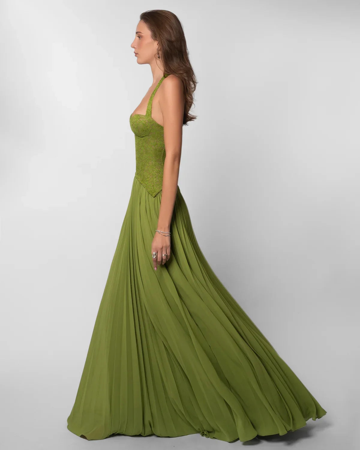 Women green lace corset maxi dress with sweetheart halter neckline and pleated floor length skirt
