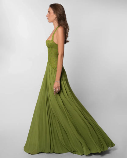 Women green lace corset maxi dress with sweetheart halter neckline and pleated floor length skirt