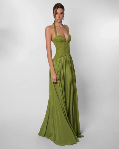 Women green lace corset maxi dress with sweetheart halter neckline and pleated floor length skirt