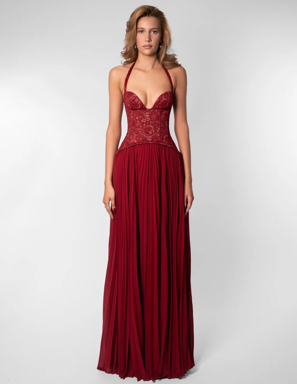 Women light blue lace corset maxi dress with sweetheart halter neckline and pleated floor length skirt