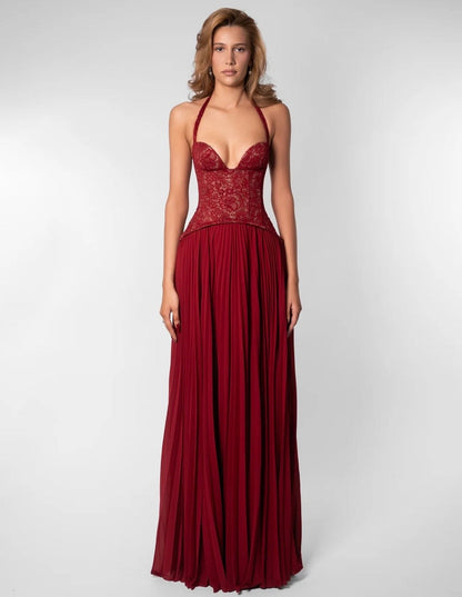 Women light blue lace corset maxi dress with sweetheart halter neckline and pleated floor length skirt
