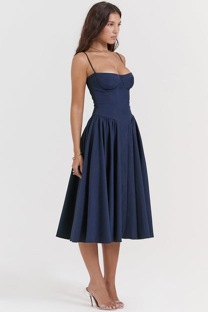 Women midnight blue sweetheart midi dress, front view