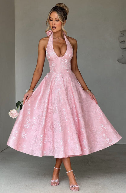 Women blush halter midi dress, detail close-up