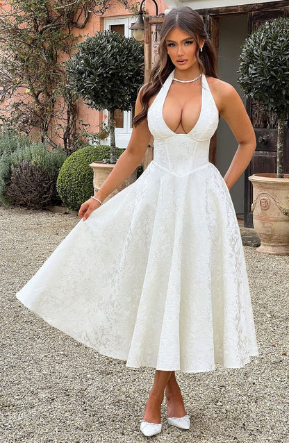 Women ivory halter midi dress, detail close-up
