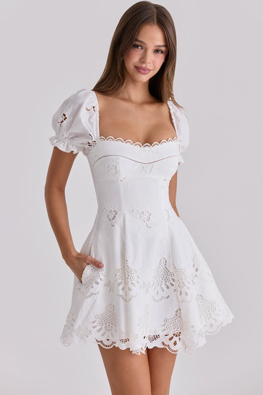 Women white strapless mini dress, front view