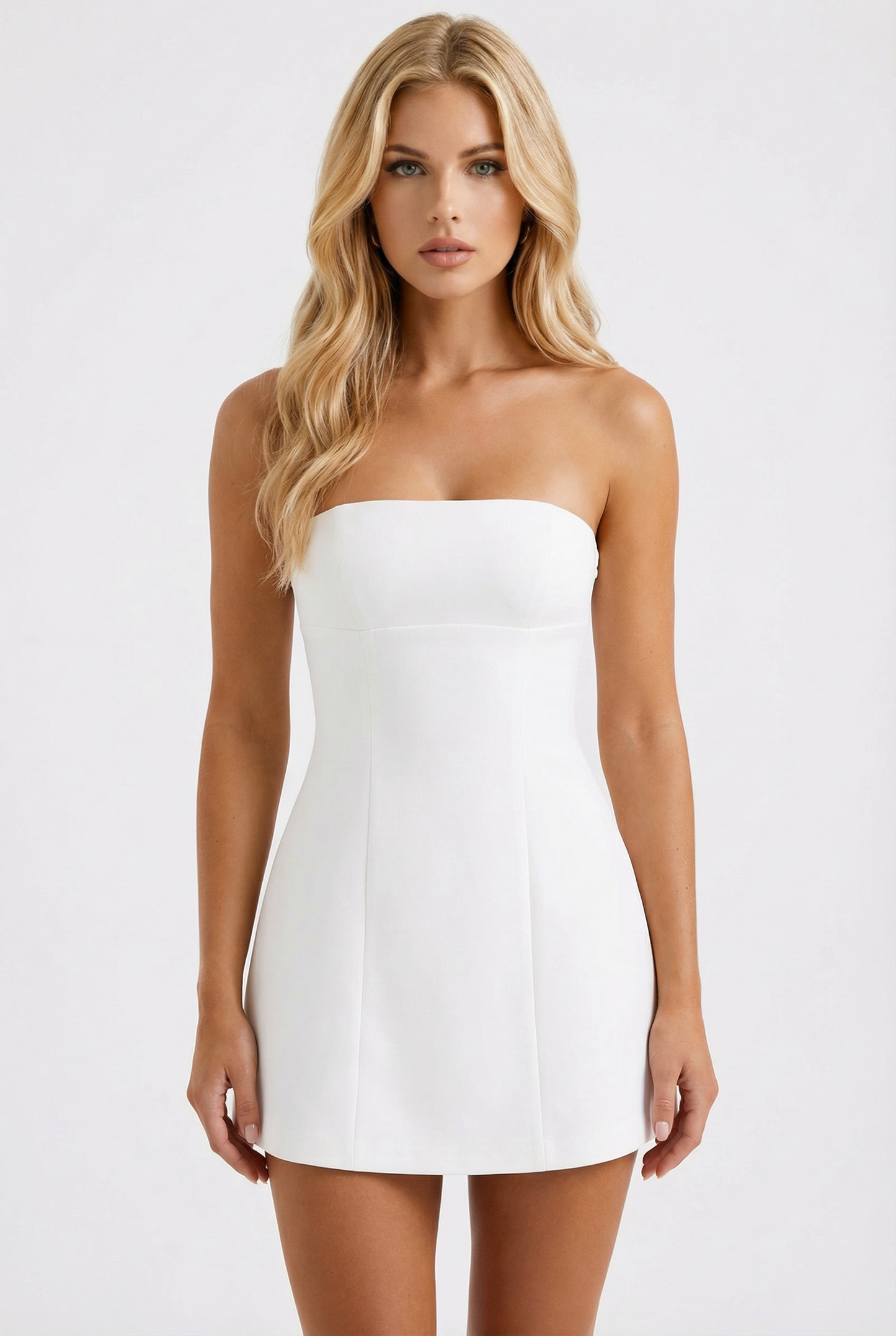 Women white strapless mini dress, front view