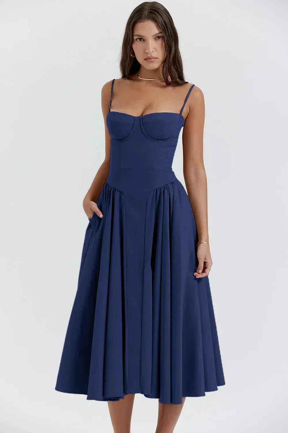 Women navy sweetheart midi dress, side view
