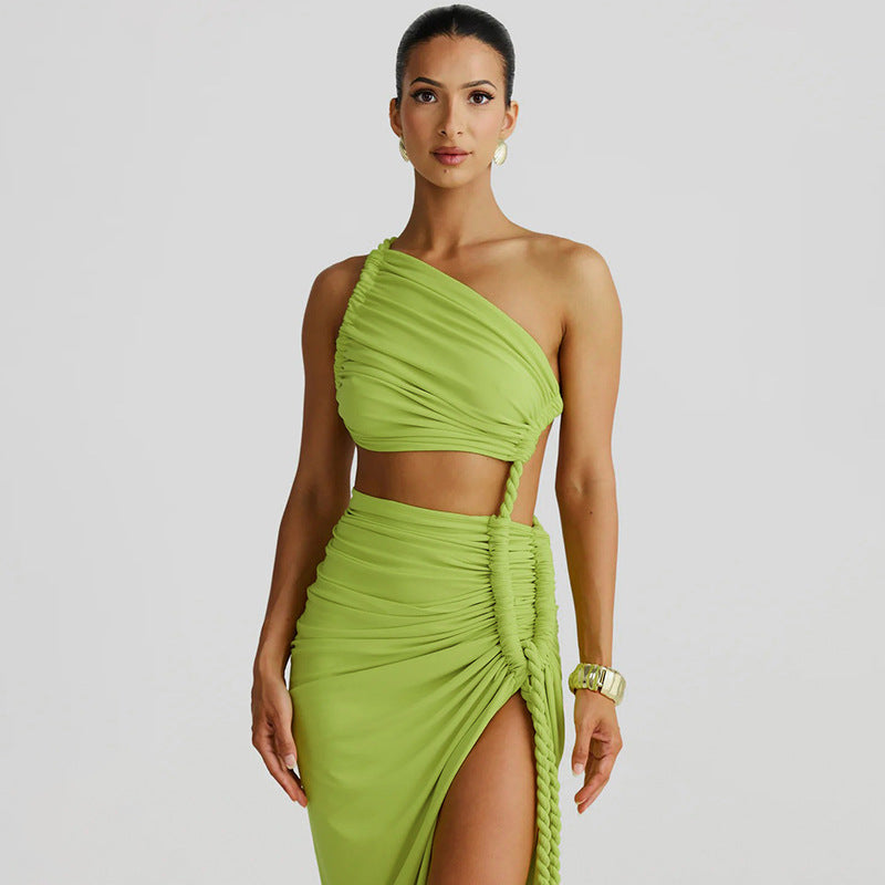 Women green maxi dress, close-up