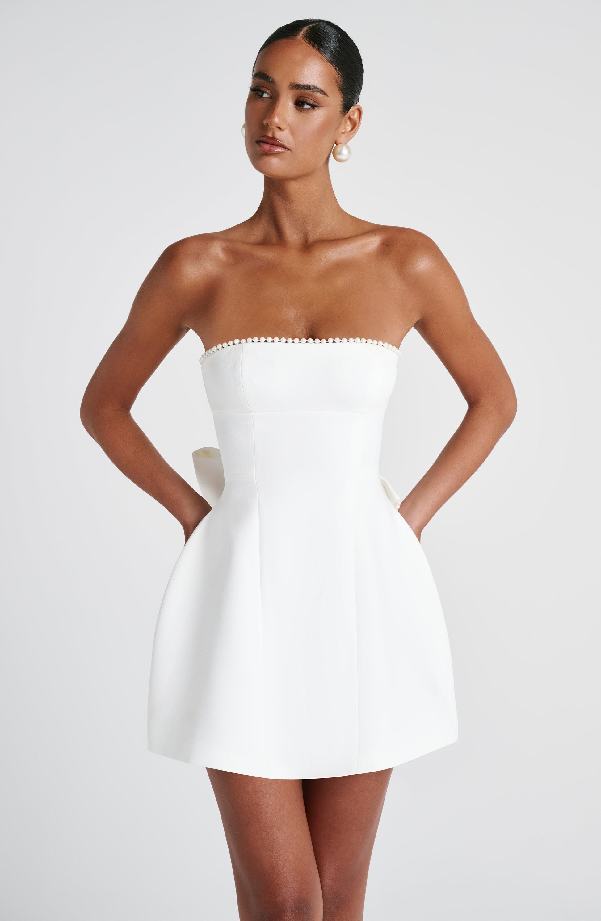 Women white strapless mini dress, front view