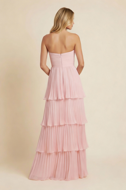 Women pink strapless maxi dress, back view