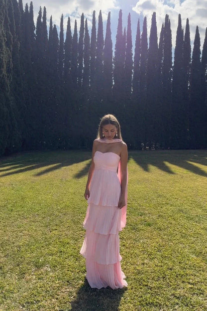 Women pink strapless maxi dress, detail close-up