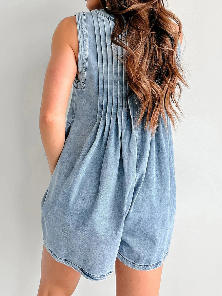 Women blue v neck mini dress, back view