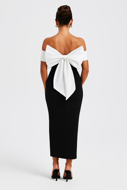 Women black/white off shoulder midi dress, back view