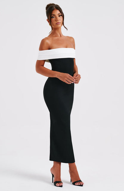 Women black/white off shoulder midi dress, side
