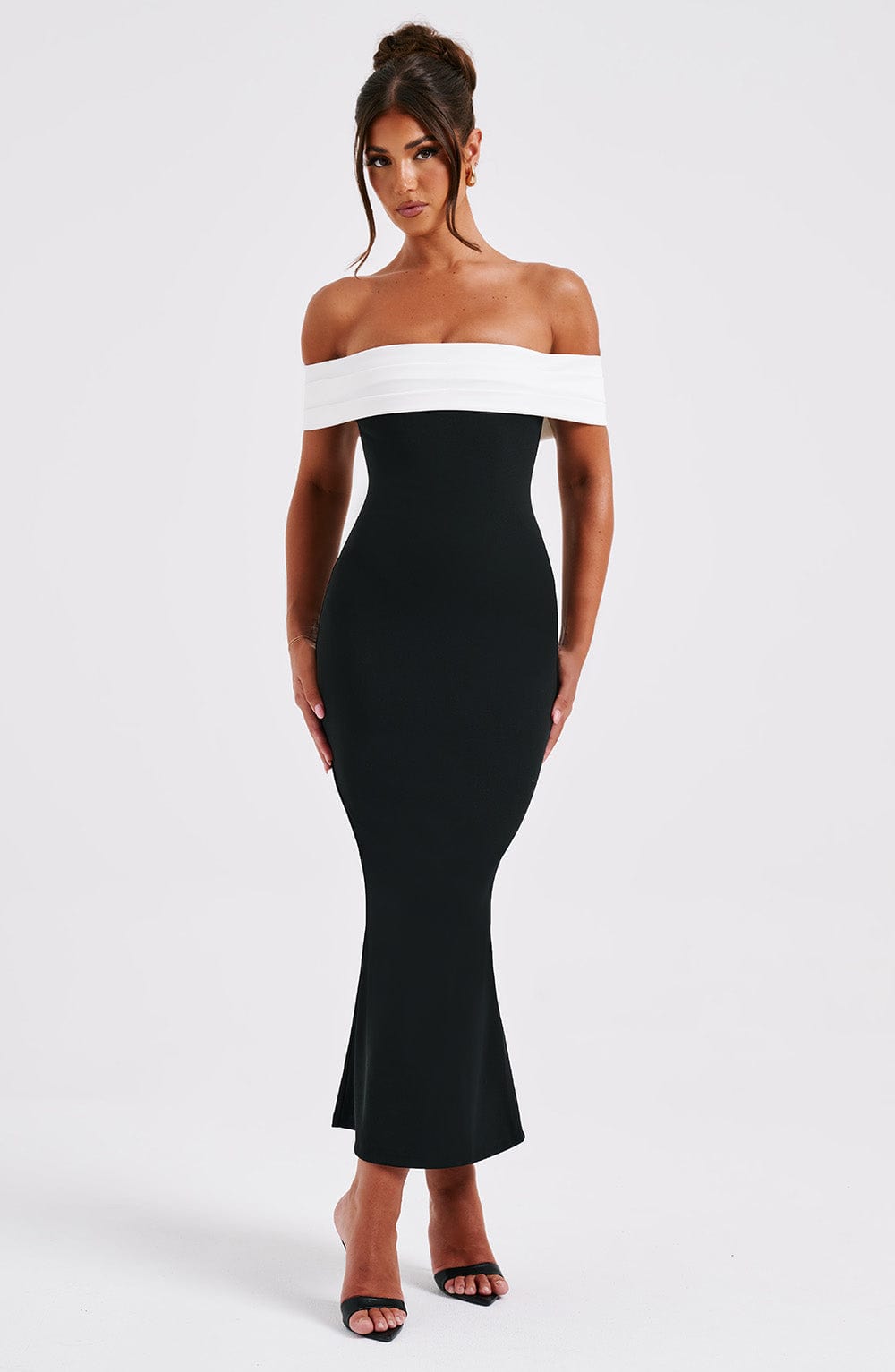 Women black/white off shoulder midi dress, front view