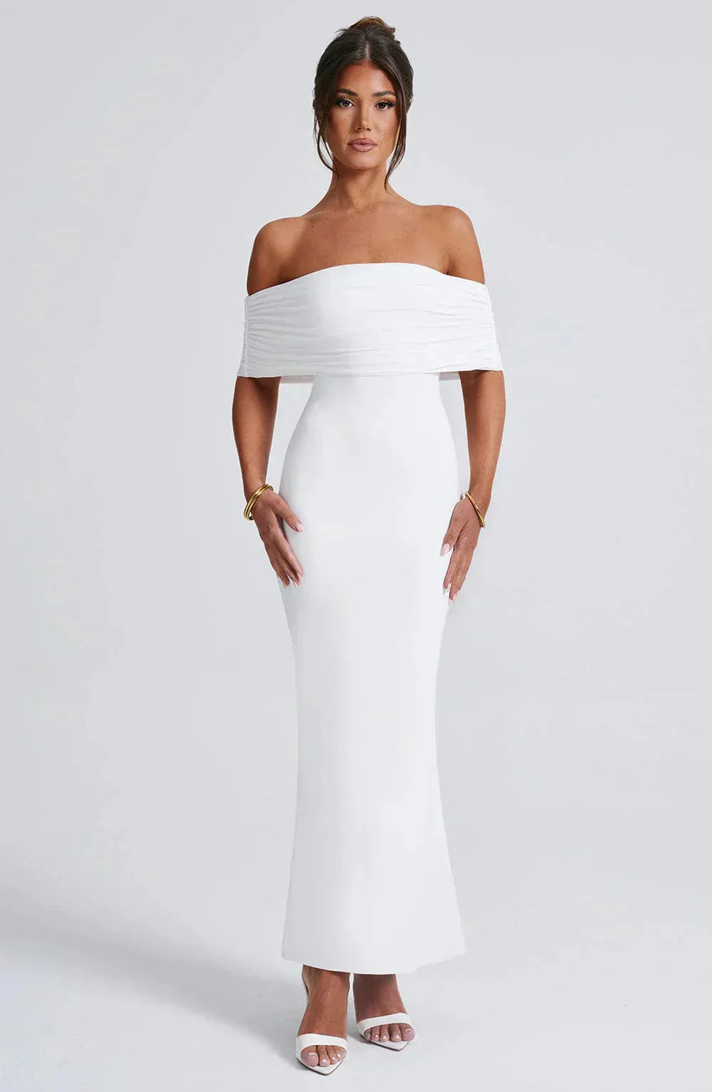 Women white off shoulder maxi dress, front view