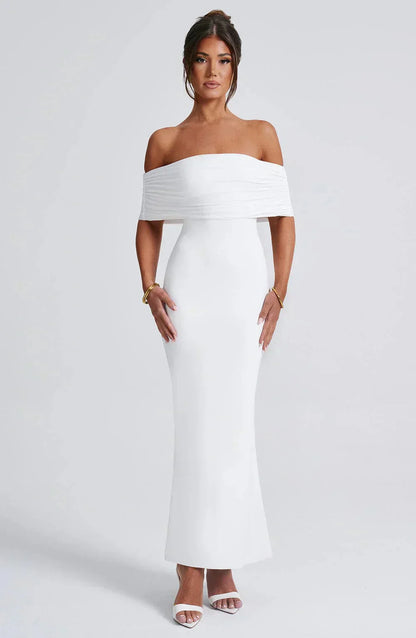 Women white off shoulder maxi dress, front view