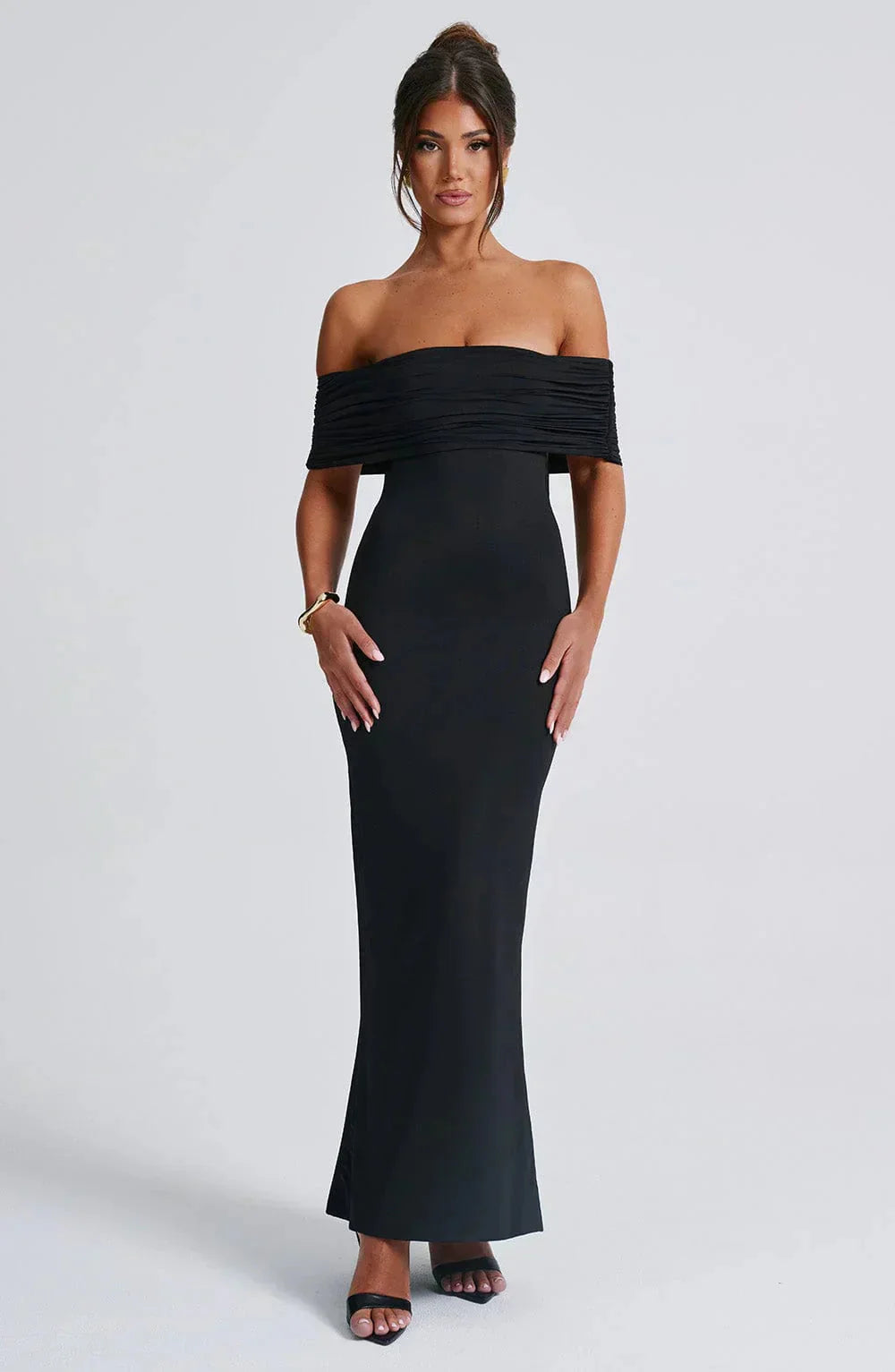 Women black off shoulder maxi dress, front view