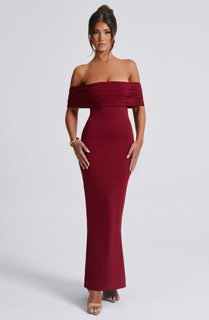 Women red off shoulder maxi dress, front view