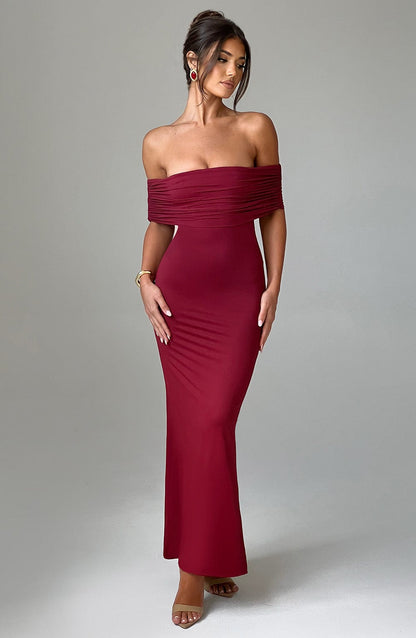 Women red off shoulder maxi dress, front view