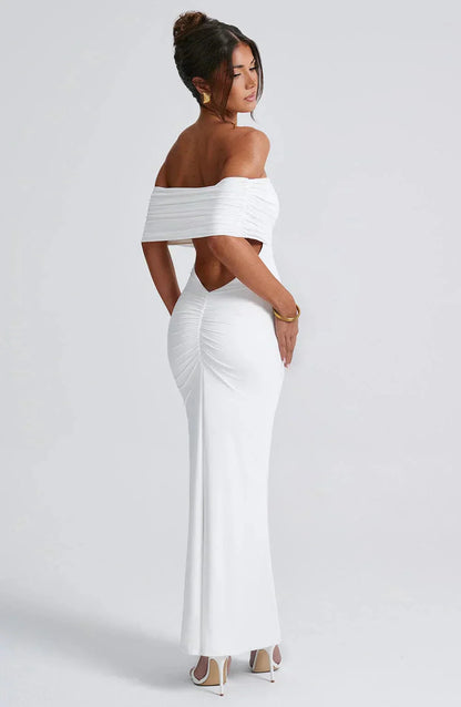 Women white off shoulder maxi dress, back view