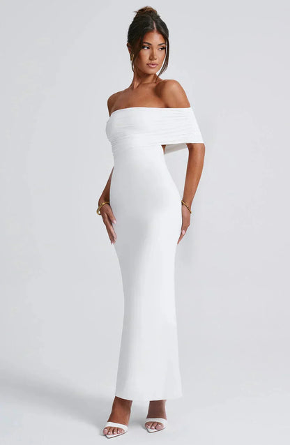Women white off shoulder maxi dress, side view