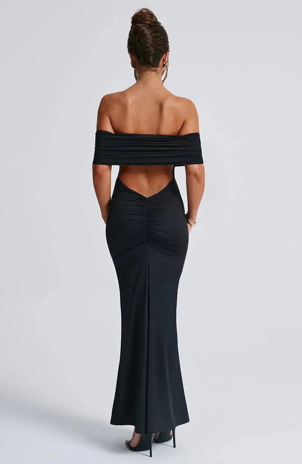 Women red off shoulder maxi dress, back view