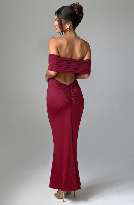 Women red off shoulder maxi dress, back view